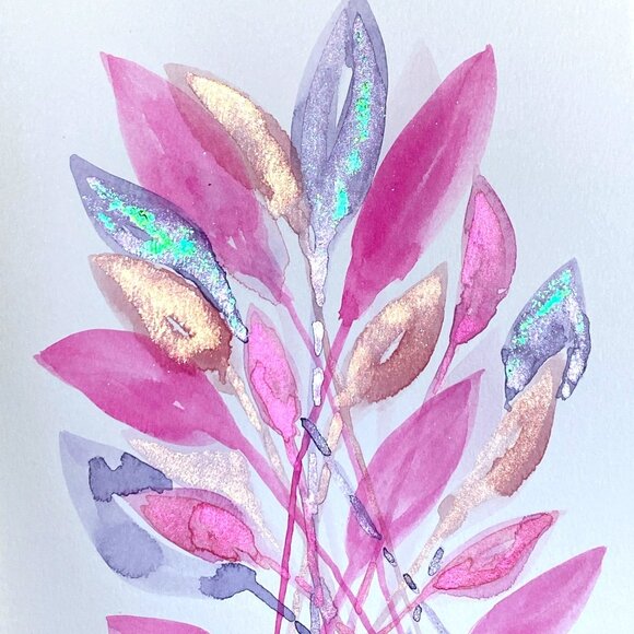 Funky Leaves Parade Original Watercolor Wall Art Painting 8x10in Matted - Picture 3 of 8